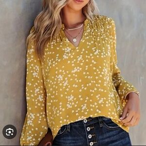 Smocked Yoke V-Neck Long Sleeve Blouse - Mustard